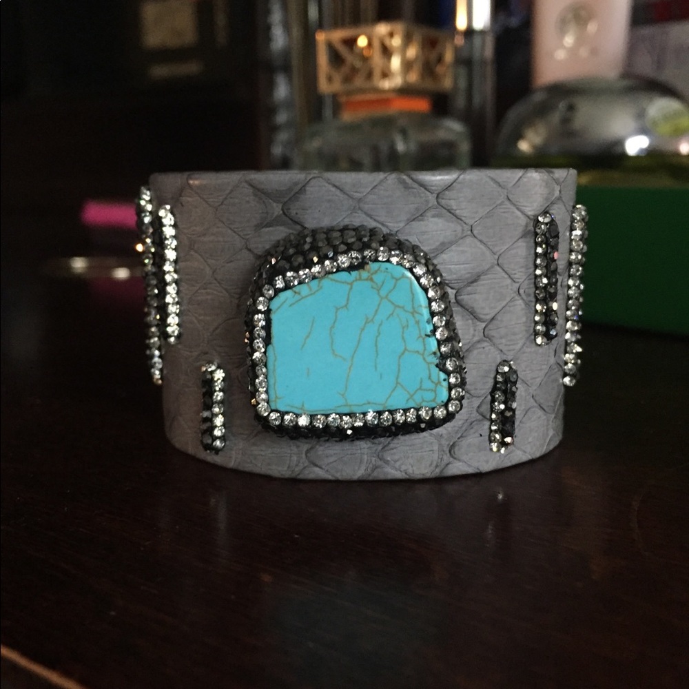 Grey snakeskin cuff bracelet with turquoise stone